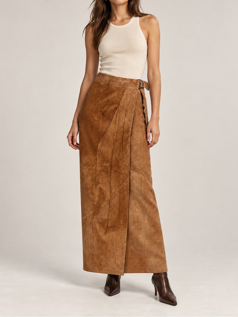 Danier tan Suede Wrap Maxi Skirt with Side Buckle